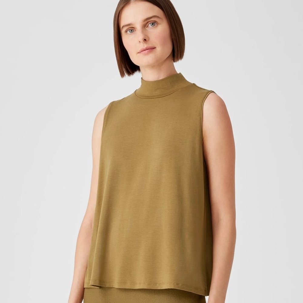 Eileen Fisher fine jersey mock neck tank, butternut, size M